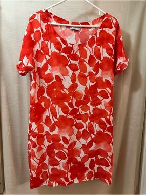 Shan 100% Silk Coral Red Pink Floral Shift Dress Canada Made Size 12 Large